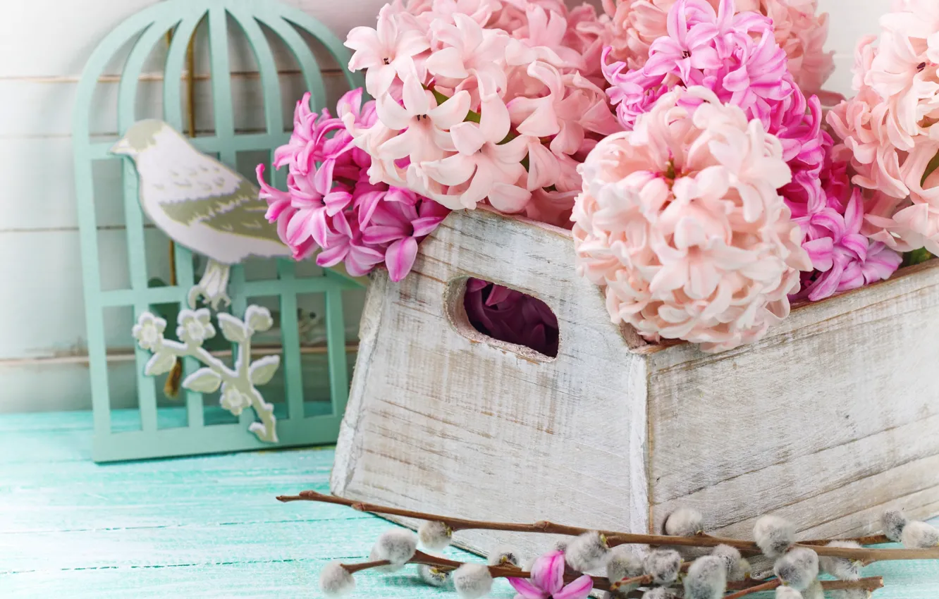 Photo wallpaper flowers, roses, bouquet, spring, pink, vintage, wood, Verba