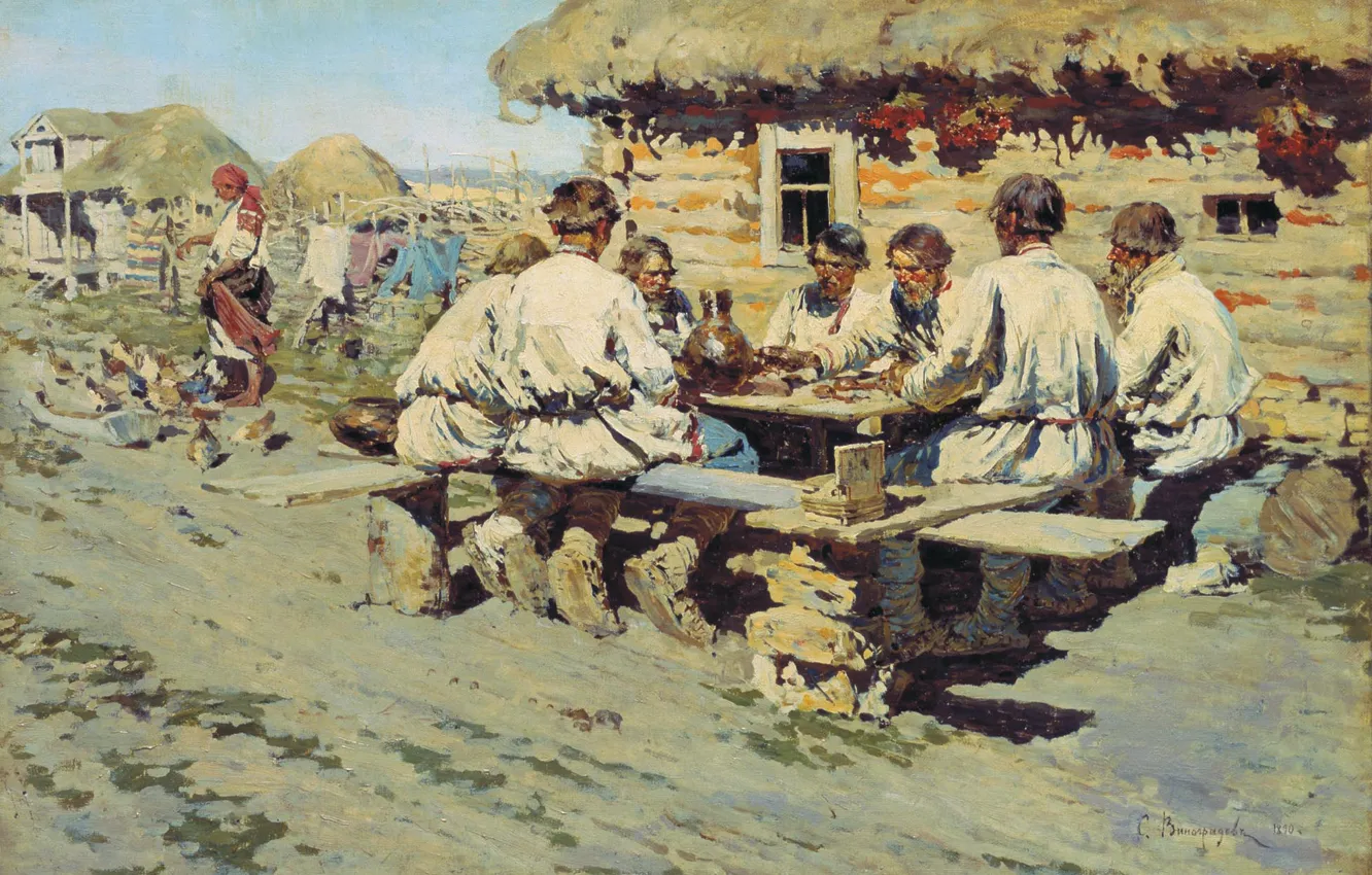 Photo wallpaper oil, hut, hay, Canvas, 1890, Sergey VINOGRADOV, Lunch workers, Russian men