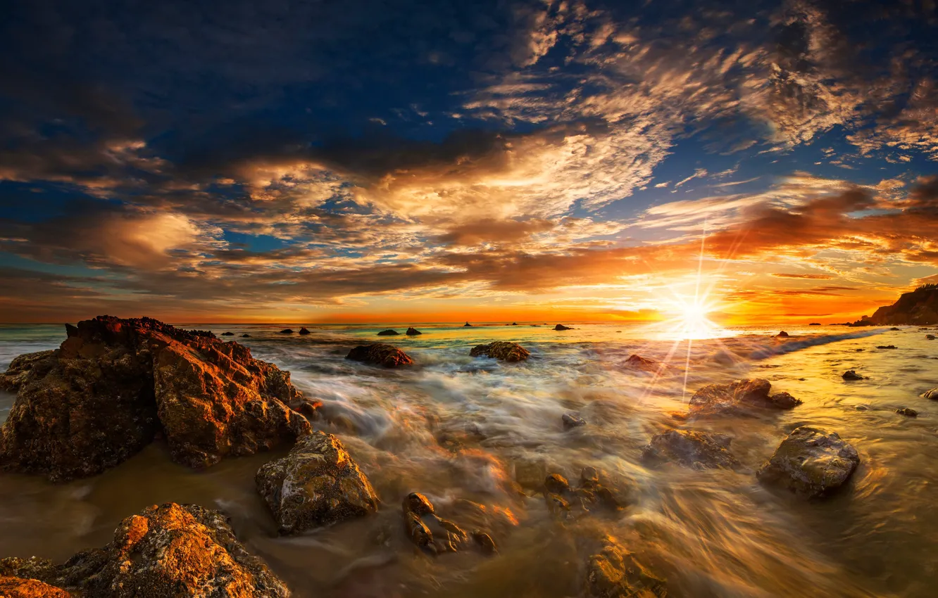 Photo wallpaper sea, beach, the sky, the sun, clouds, rays, stones, dawn