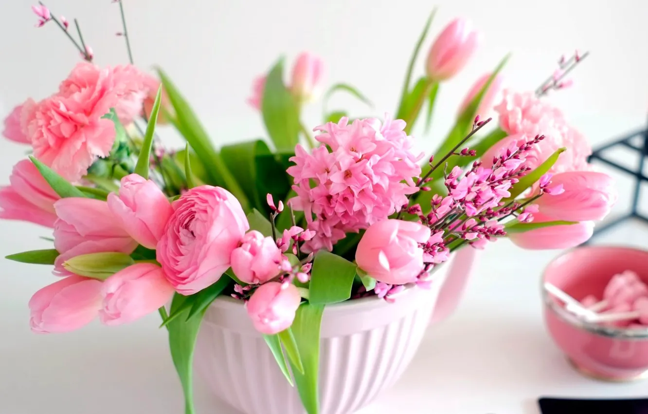 Photo wallpaper flowers, bouquet, tulips, vase, pink, peonies