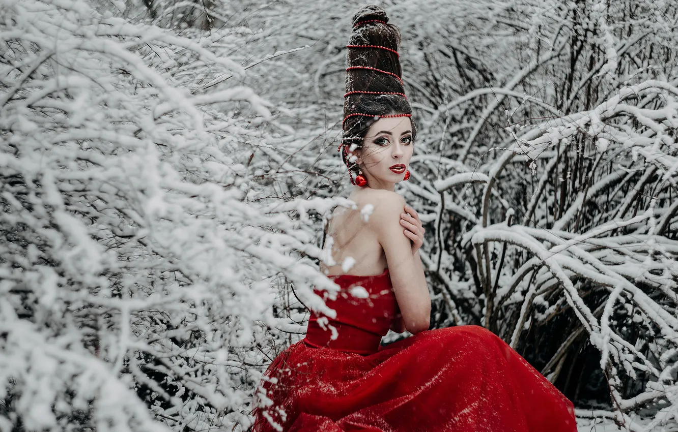 Photo wallpaper winter, forest, look, girl, snow, nature, pose, style