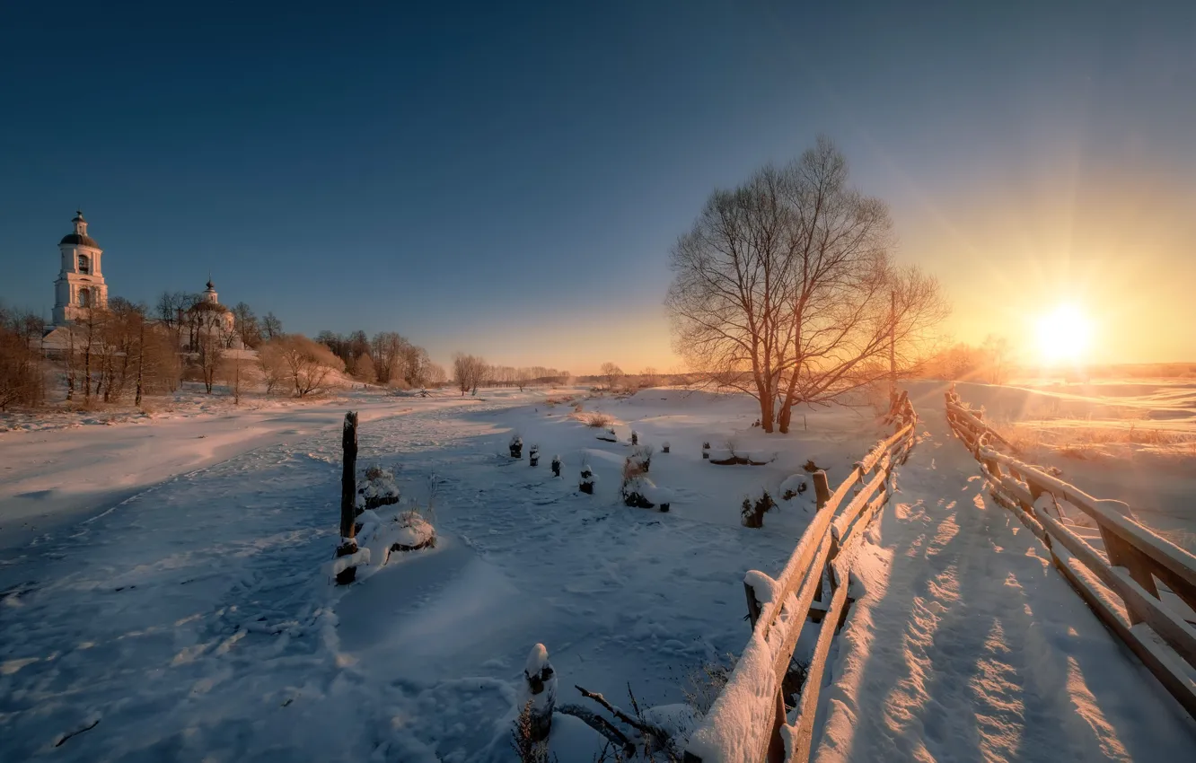 Photo wallpaper winter, the sun, rays, snow, landscape, nature, village, morning