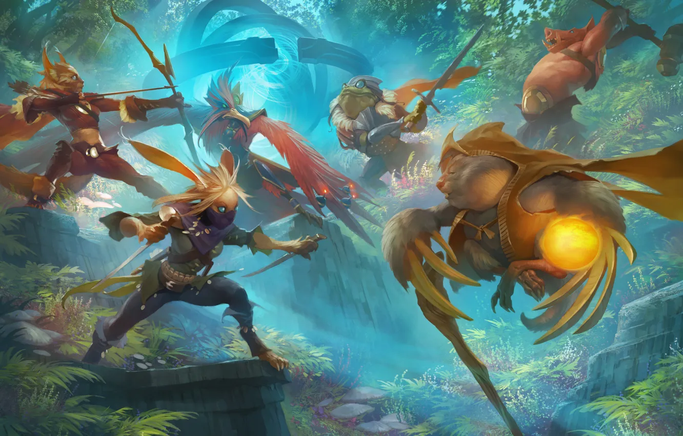 Photo wallpaper forest, weapons, being, fantasy, art, battle