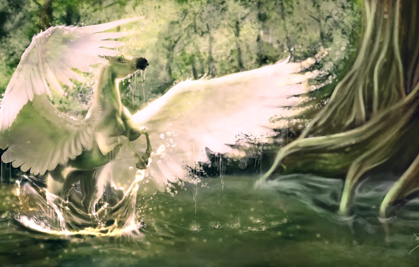 Photo wallpaper forest, water, trees, squirt, fiction, wings, art, pigas