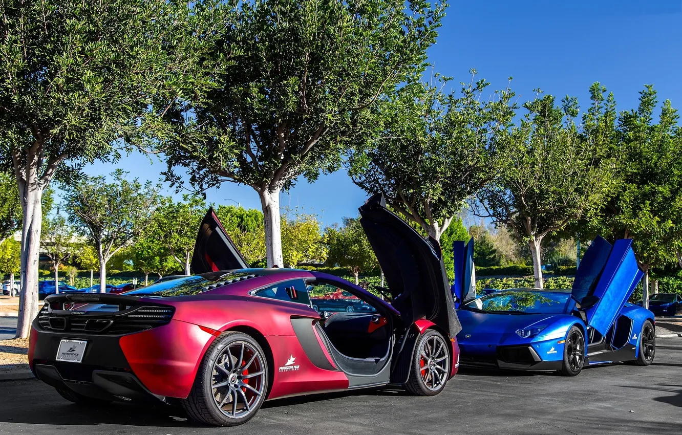 Photo wallpaper the sky, trees, blue, red, street, McLaren, Lamborghini, red
