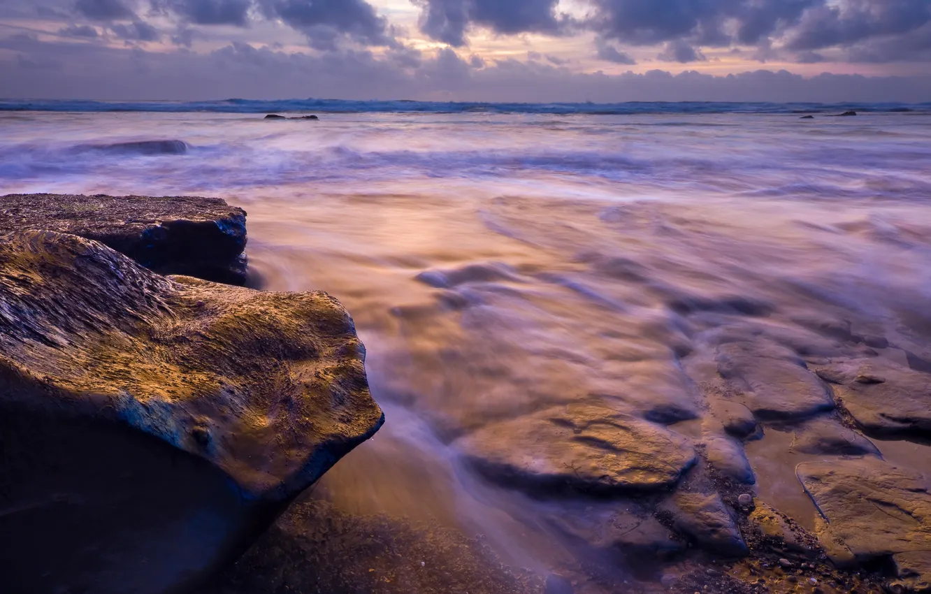 Photo wallpaper sea, the sky, water, clouds, stones, rocks, stream