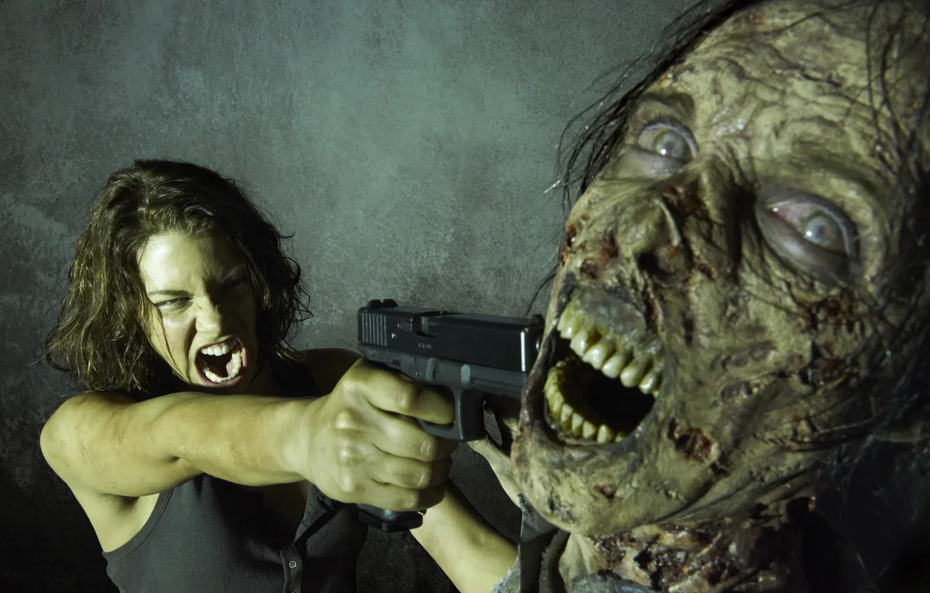 Photo wallpaper gun, zombies, Maggie, Creek, The Walking Dead, The walking dead, Lauren Cohan