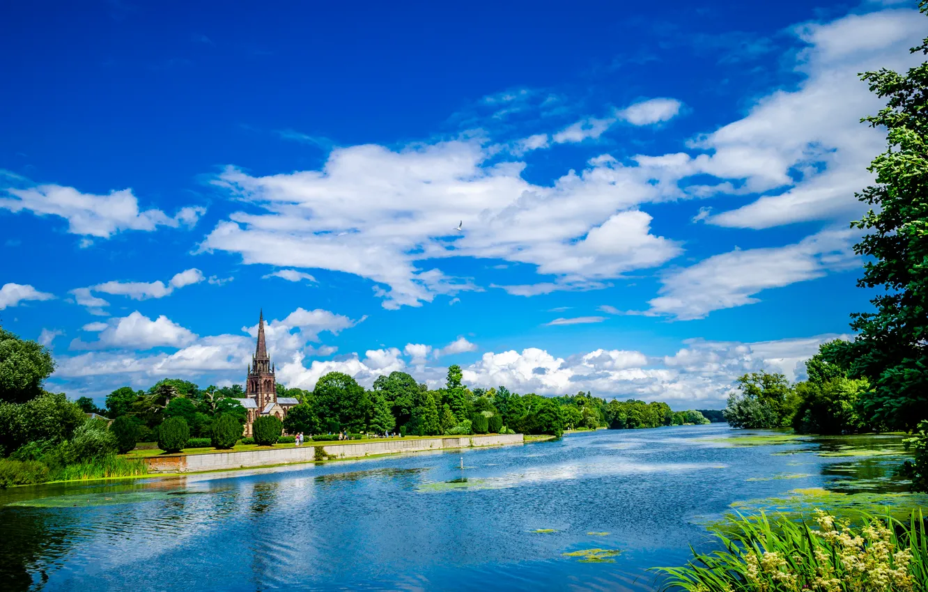 Photo wallpaper greens, the sky, clouds, trees, lake, seagulls, Church, в Clumber Park