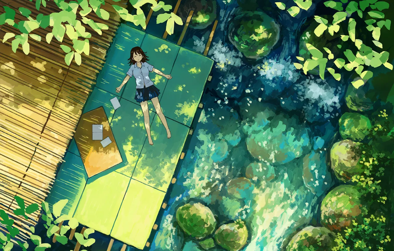 Photo wallpaper summer, plants, girl, lies, schoolgirl, the view from the top, Sunny day, the pond