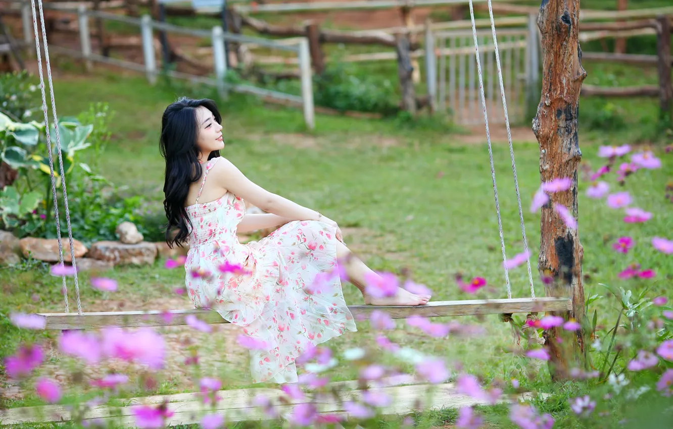 Photo wallpaper summer, girl, swing, Asian