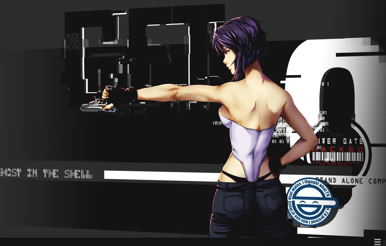 Photo wallpaper girl, gun, weapons, back, Ghost in the Shell, purple hair, The Fireworks Kusanagi, Motoko Kusanagi