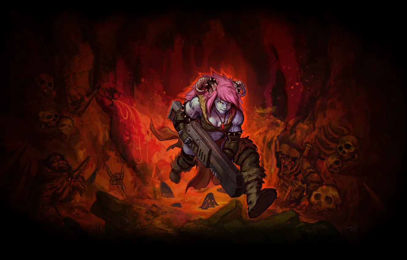 Photo wallpaper weapons, being, skeleton, horns, cave, runs, Hedon
