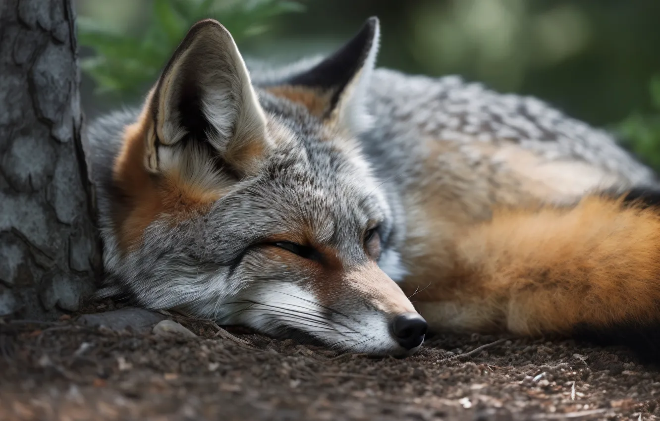 Photo wallpaper face, nature, grey, sleep, Fox, sleeping, AI art, neural network