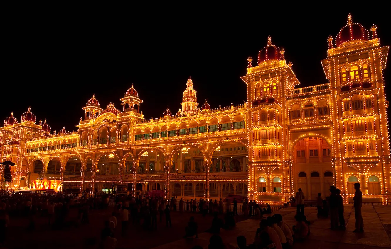Photo wallpaper night, lights, India, Palace, festival of dasar, Karnataka, Mysore