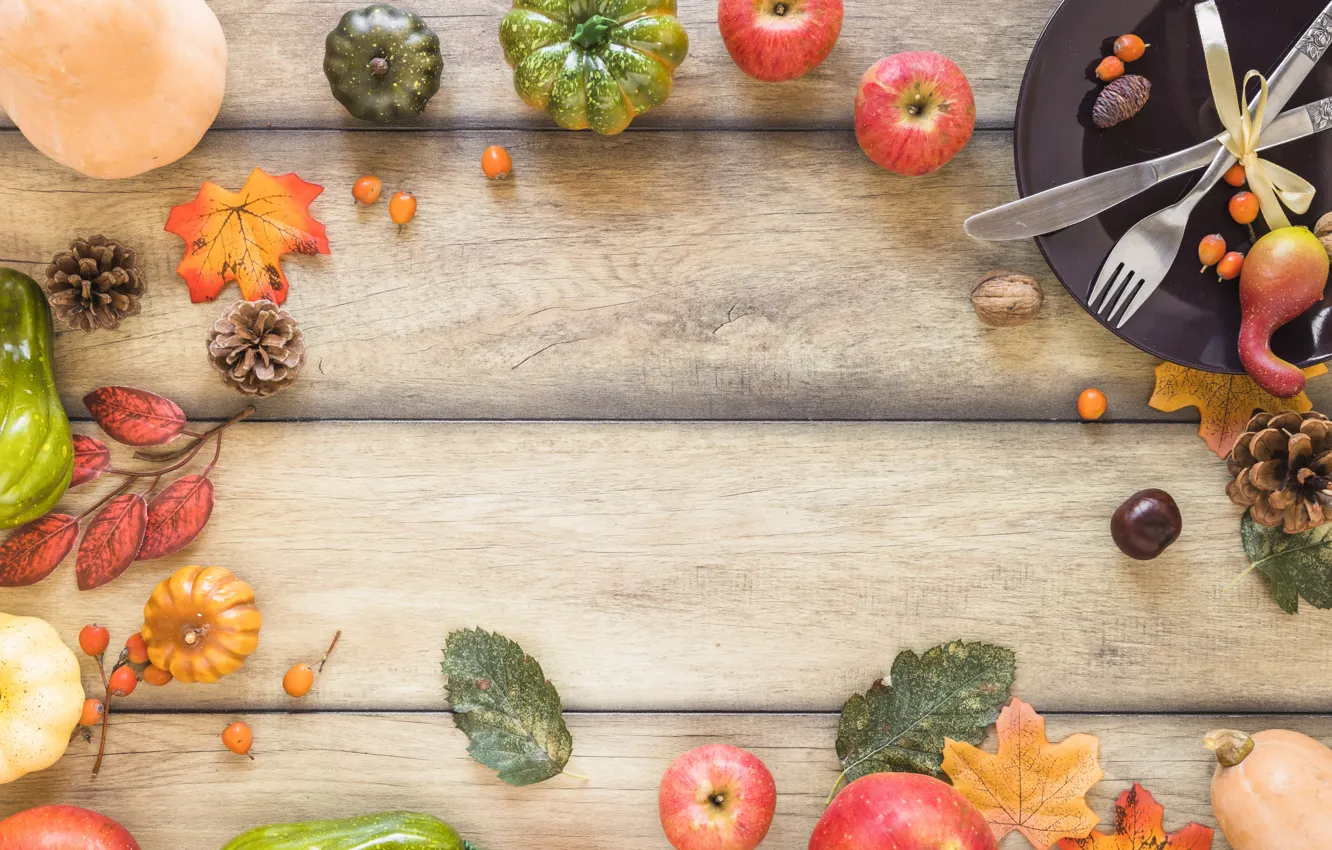 Photo wallpaper autumn, leaves, background, apples, Board, colorful, pumpkin, wood