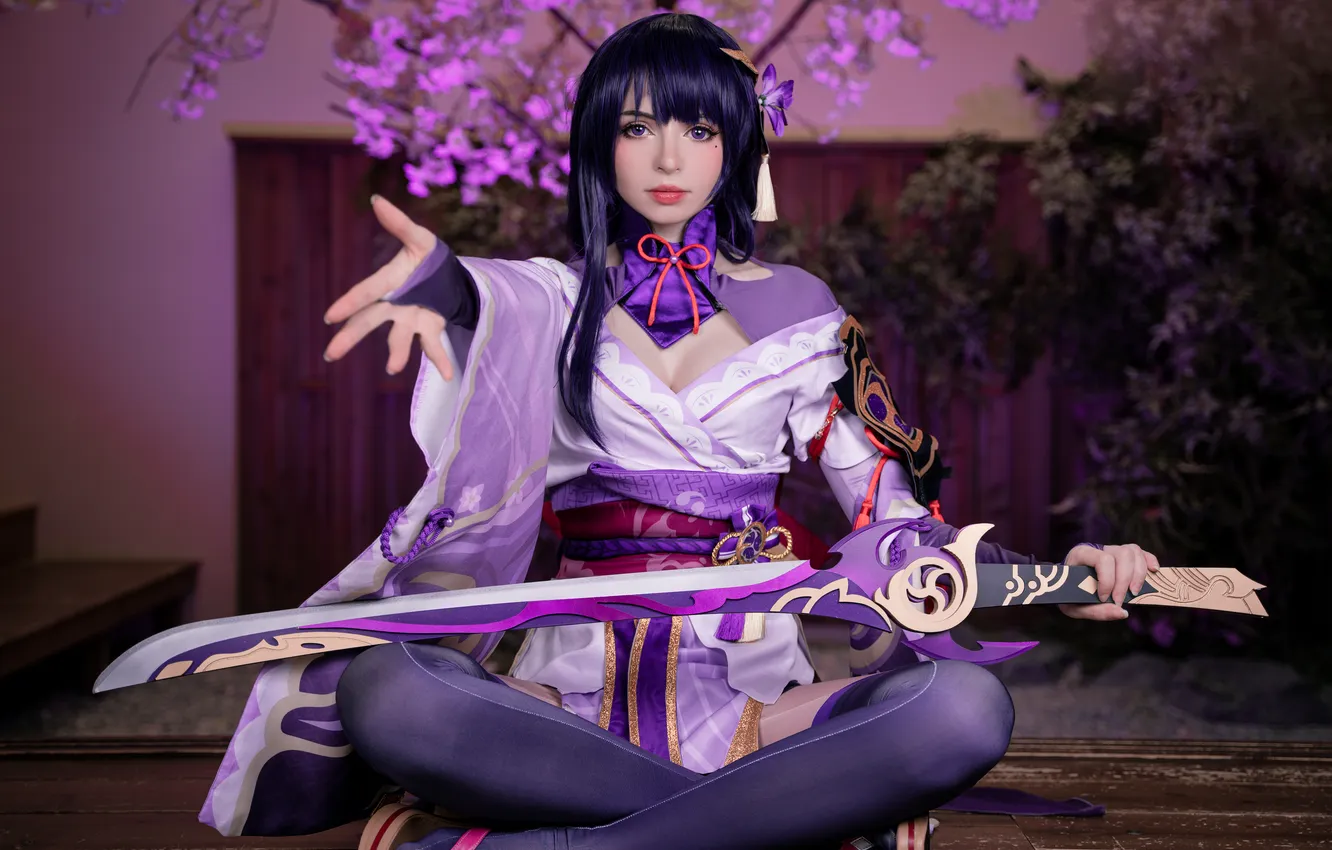 Photo wallpaper model, women, cosplay, video games, Frontal View, Genshin Impact, PeachMilky, Raiden Shogun (Genshin Impact)