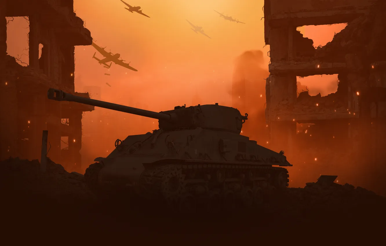 Photo wallpaper home, tank, devastation, the plane, WWII, The great Patriotic war, Sherman, The second World war