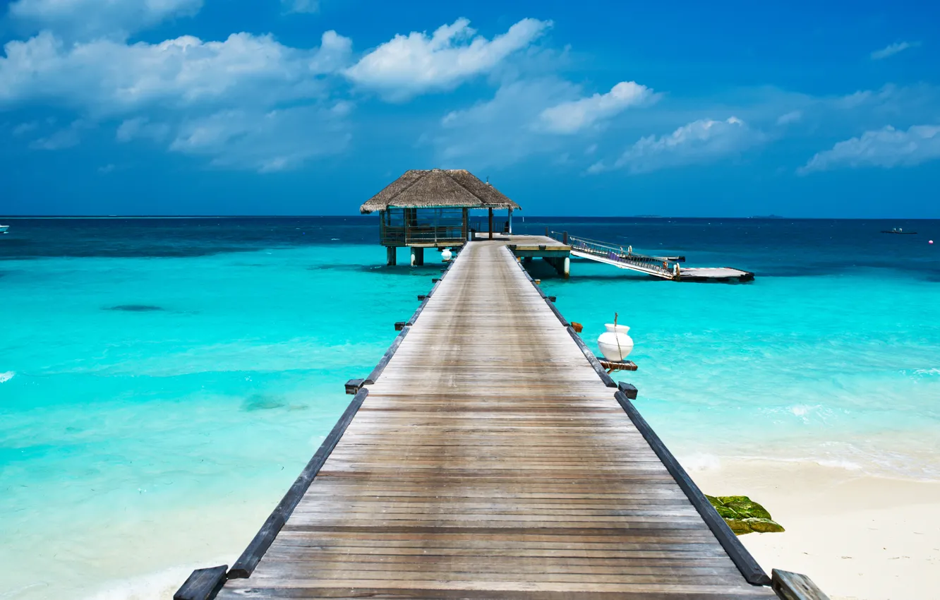 Photo wallpaper sea, beach, tropics, palm trees, pierce, summer, hut, beach