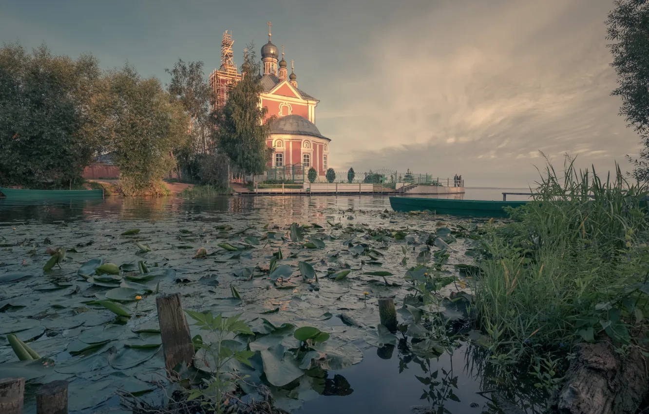 Photo wallpaper summer, the sky, grass, leaves, clouds, light, trees, lake