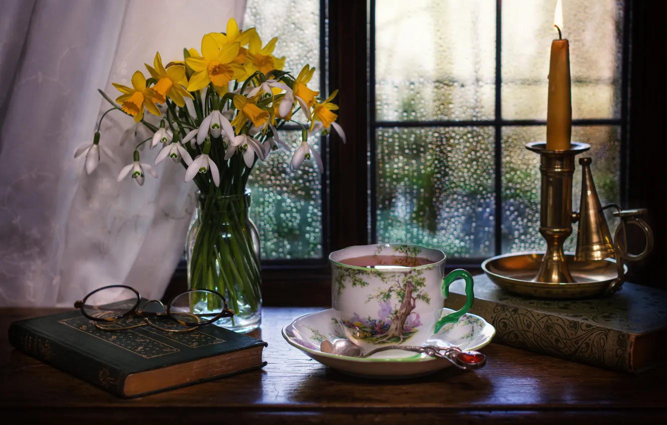Photo wallpaper flowers, style, books, candle, bouquet, glasses, snowdrops, mug