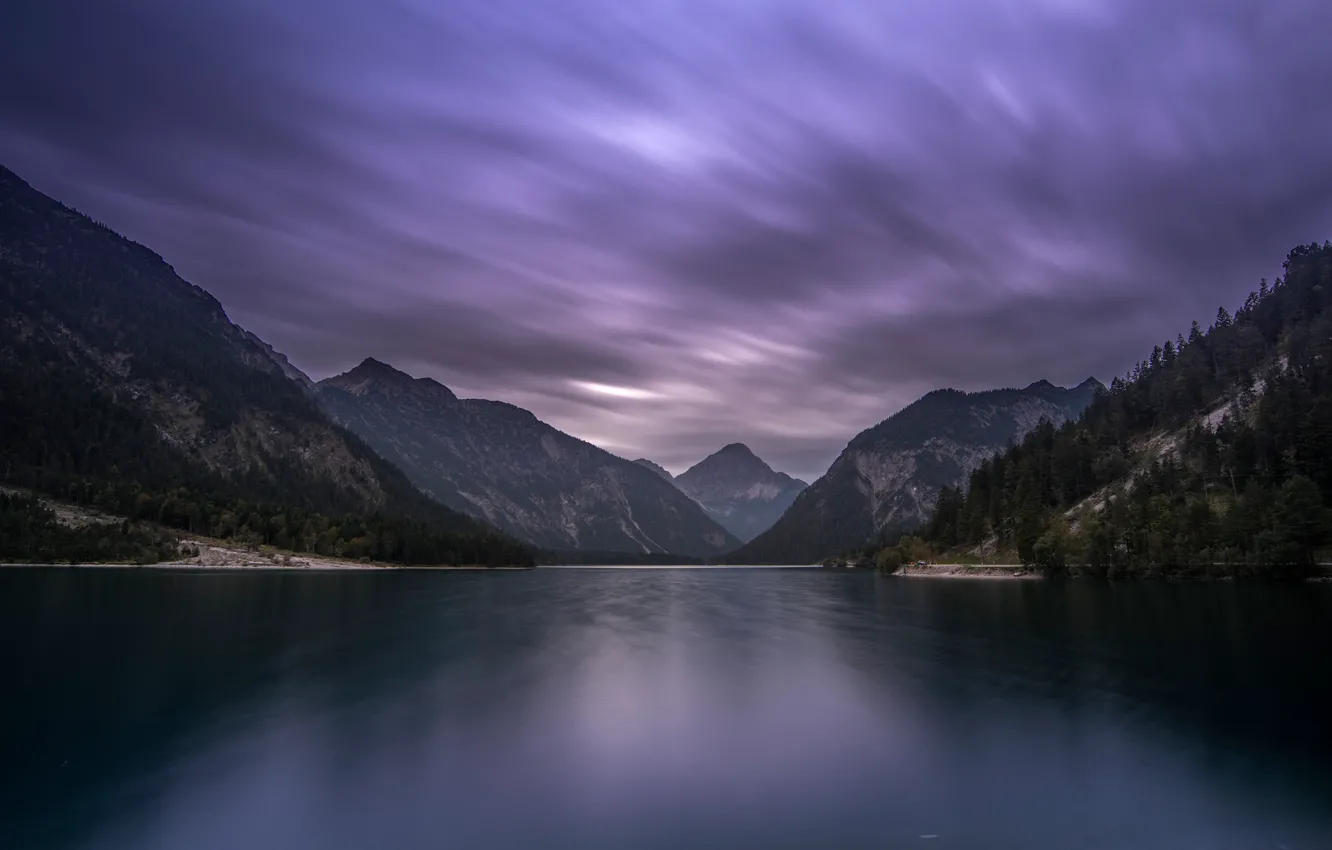 Photo wallpaper forest, the sky, clouds, mountains, lake, river, rocks, shore