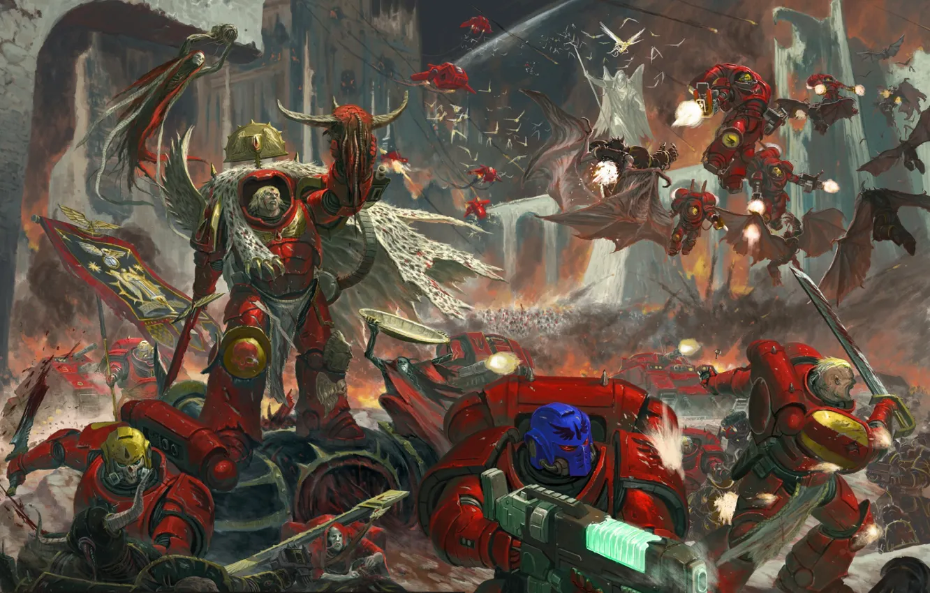 Photo wallpaper chaos, space marines, battle, demons, Warhammer 40 000, Blood Angels