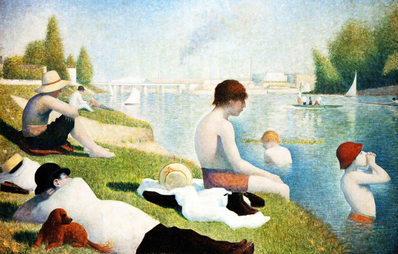 Photo wallpaper river, picture, genre, Georges Seurat, Georges Seurat, Swimming in Asnieres