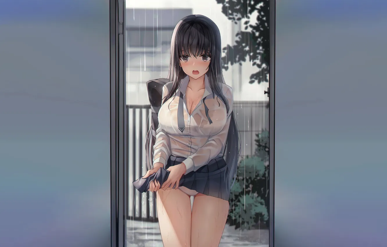 Photo wallpaper girl, sexy, lingerie, wet, bra, cleavage, school uniform, panties