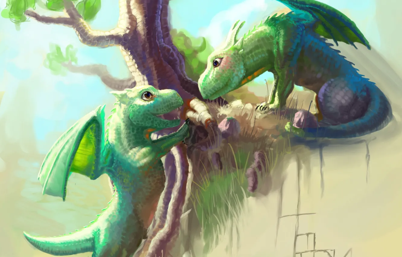 Photo wallpaper trees, hills, dragon, the game, baby, art, cub