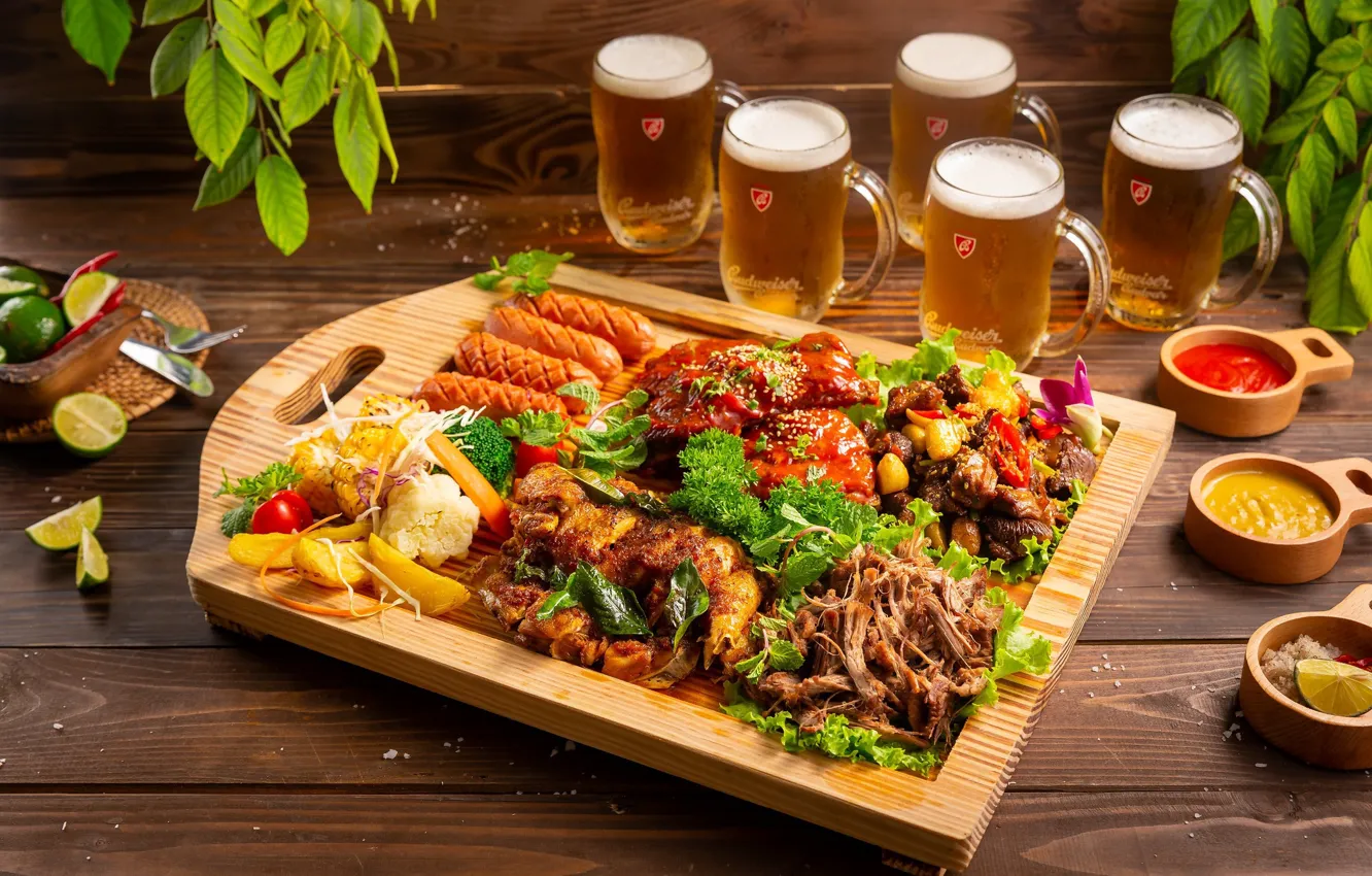 Photo wallpaper beer, meat, glasses, cuts, sauces