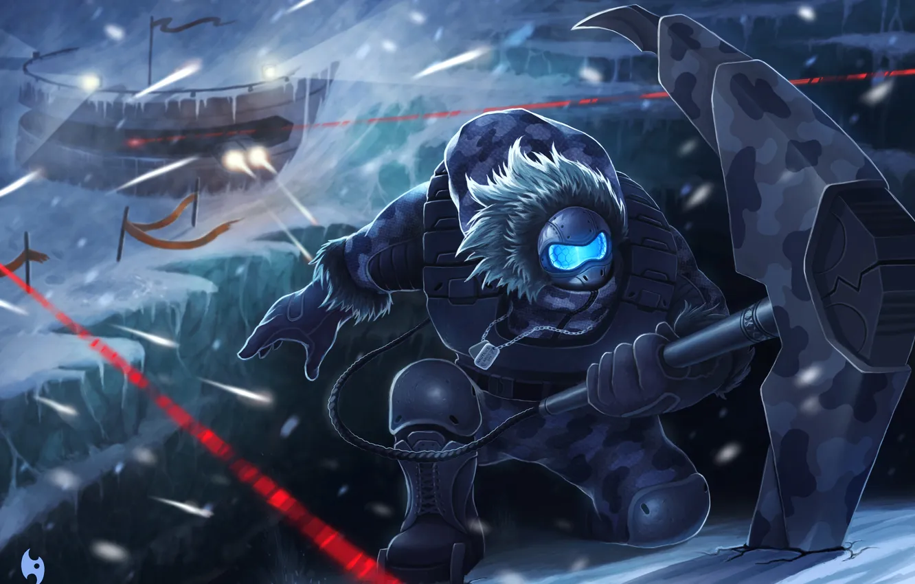 Photo wallpaper cold, snow, mountains, shot, mask, art, base, laser