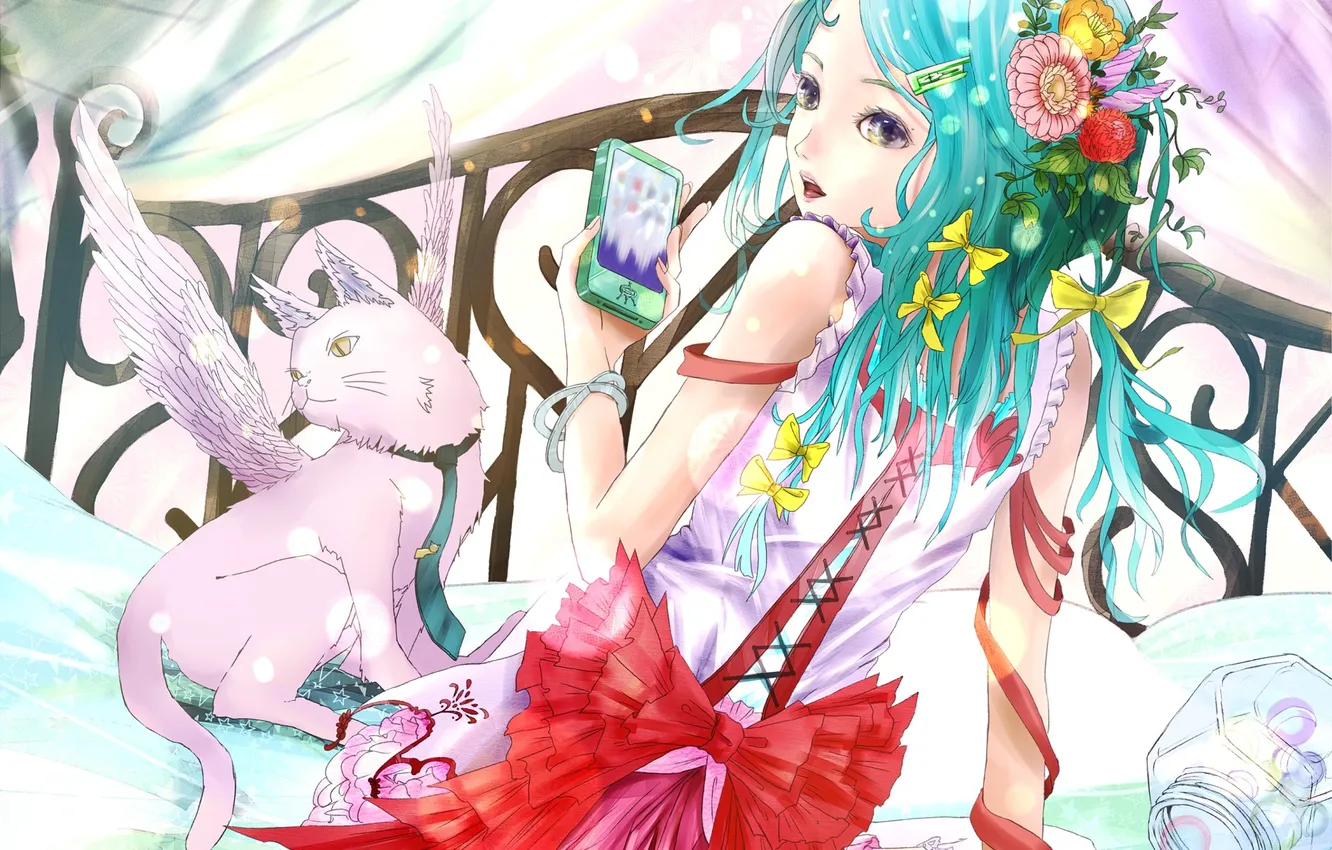 Photo wallpaper cat, girl, flowers, bed, wings, art, tape, phone