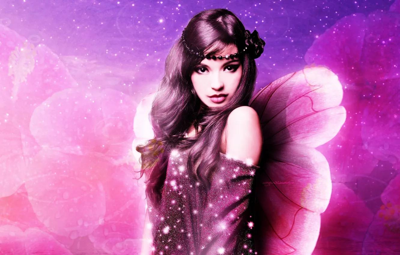 Photo wallpaper flower, look, girl, face, background, hair, wings, fairy