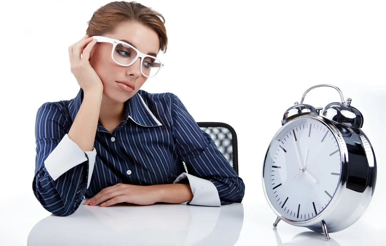 Photo wallpaper look, girl, watch, alarm clock, glasses, shirt