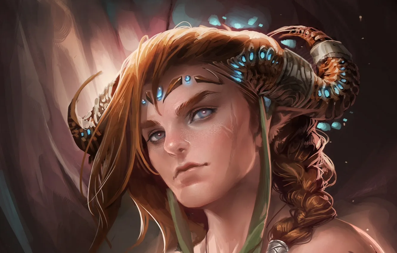 Photo wallpaper pendant, horns, braid, male, grey eyes, scar, brown hair, sakimichan