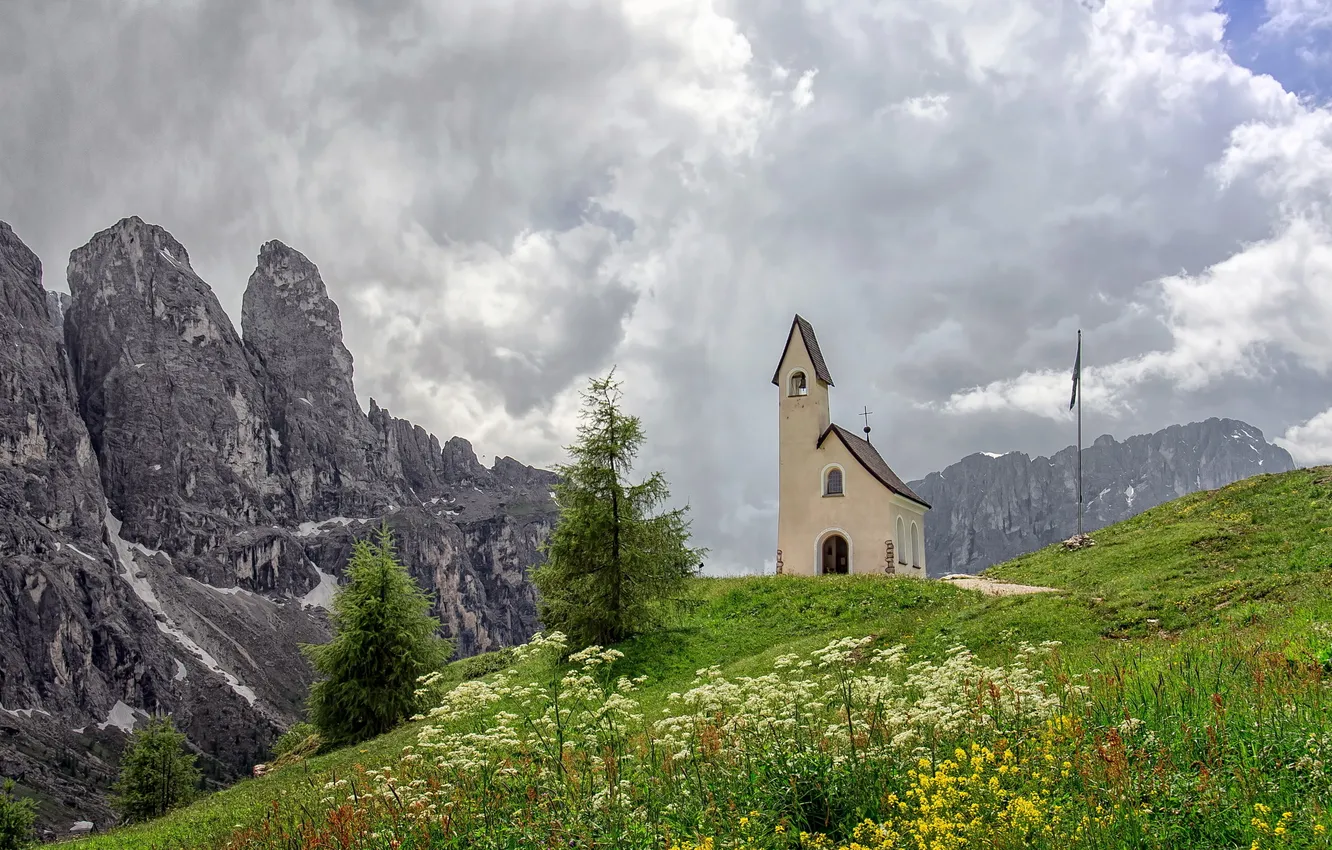 Photo wallpaper landscape, mountains, chapel, Selva di Val Gardena
