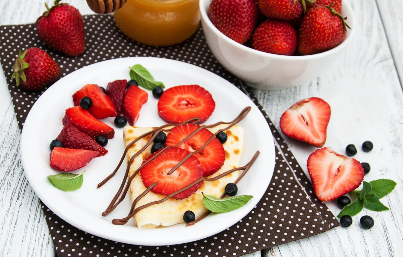Photo wallpaper berries, chocolate, blueberries, strawberry, honey, cheese, pancakes, Olena Rudo