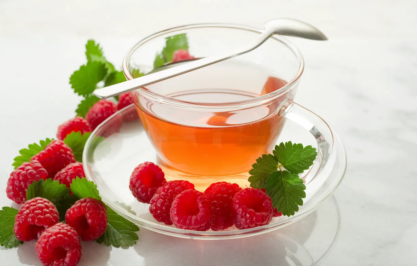 Photo wallpaper raspberry, tea, spoon, Cup