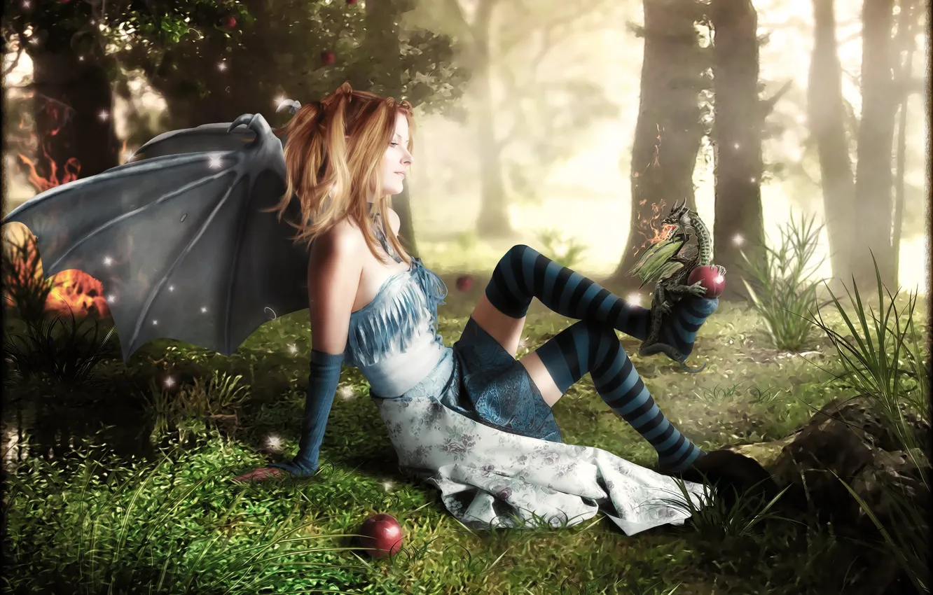 Photo wallpaper forest, grass, girl, fire, dragon, apples, knee, Digital Art