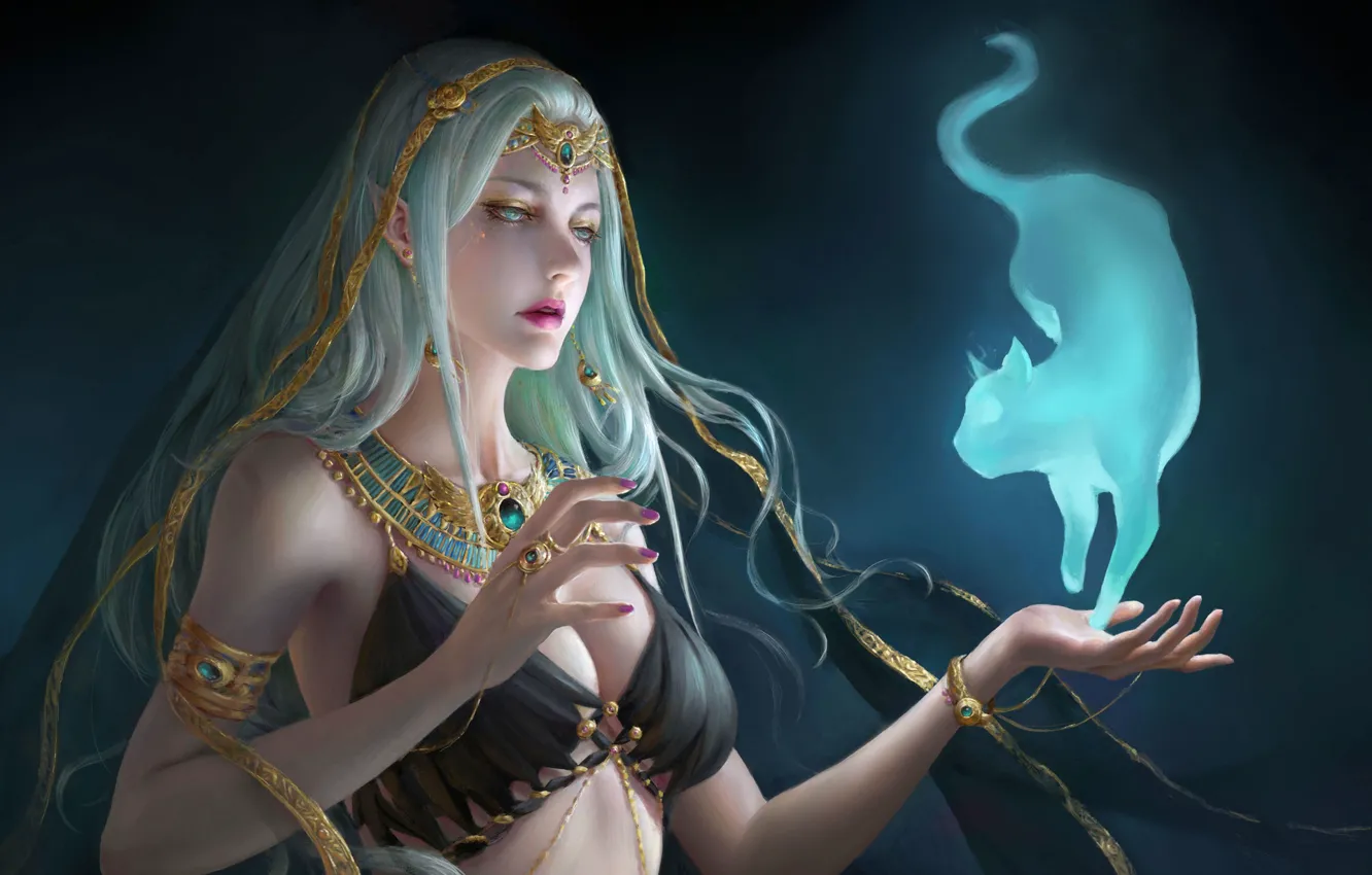 Photo wallpaper cat, look, girl, decoration, animal, magic, fantasy, art