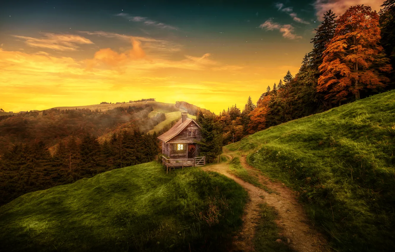 Photo wallpaper mountains, nature, house
