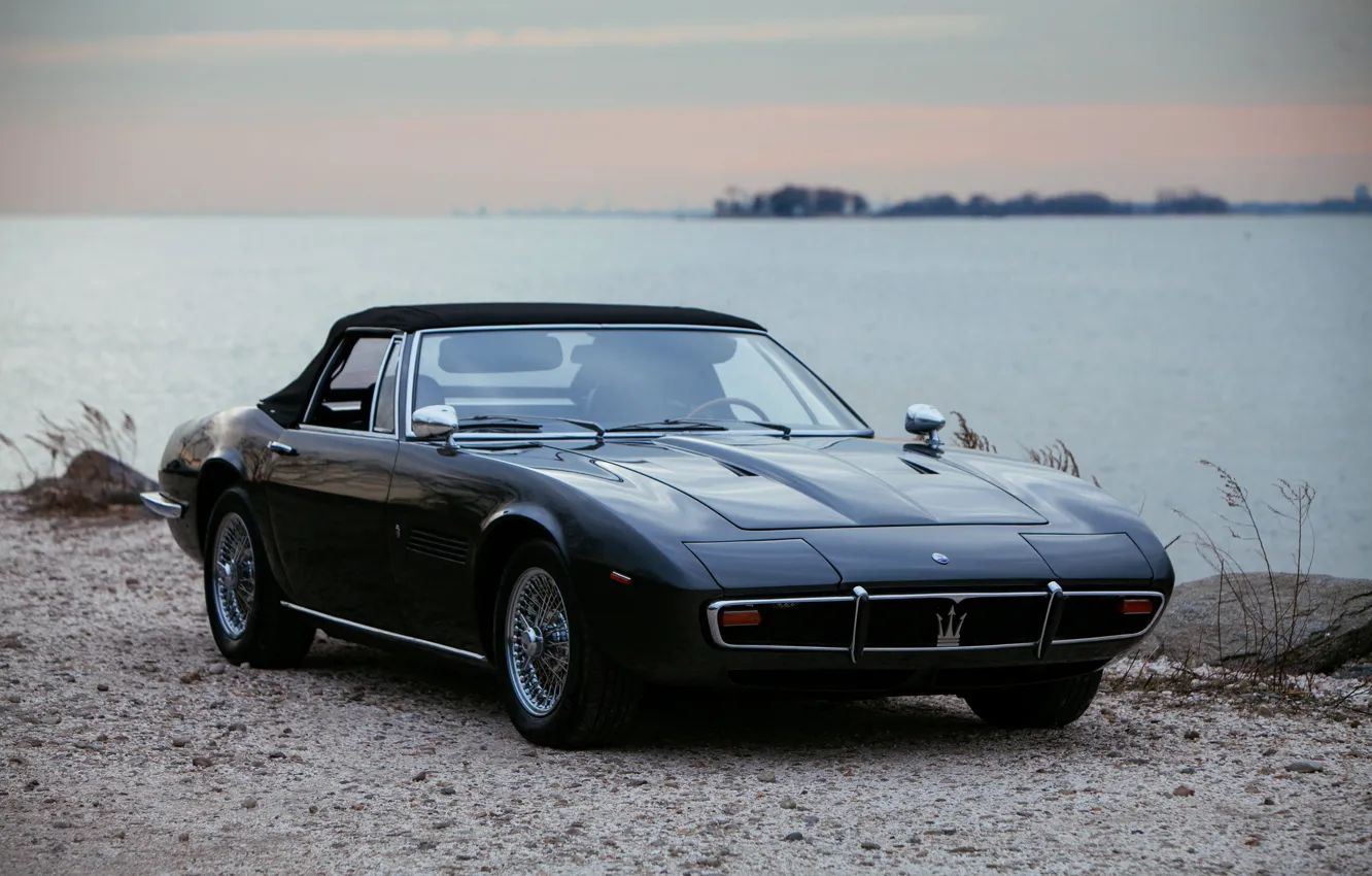 Photo wallpaper black, Maserati, 1969, Roadster, spider, the soft top, near the river, Ghibli Spider