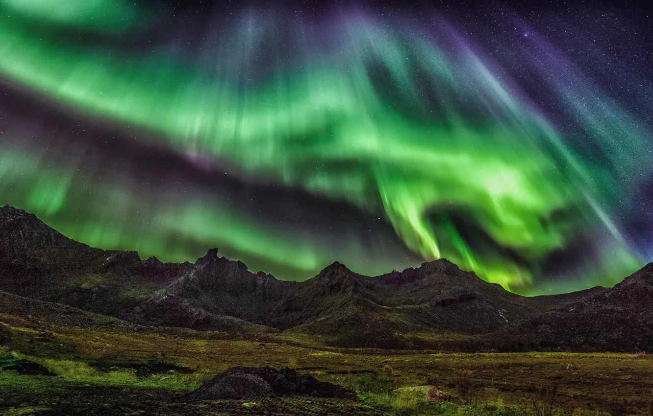 Photo wallpaper the sky, mountains, Northern lights, Night, colorful, nature, Night, Northern Lights