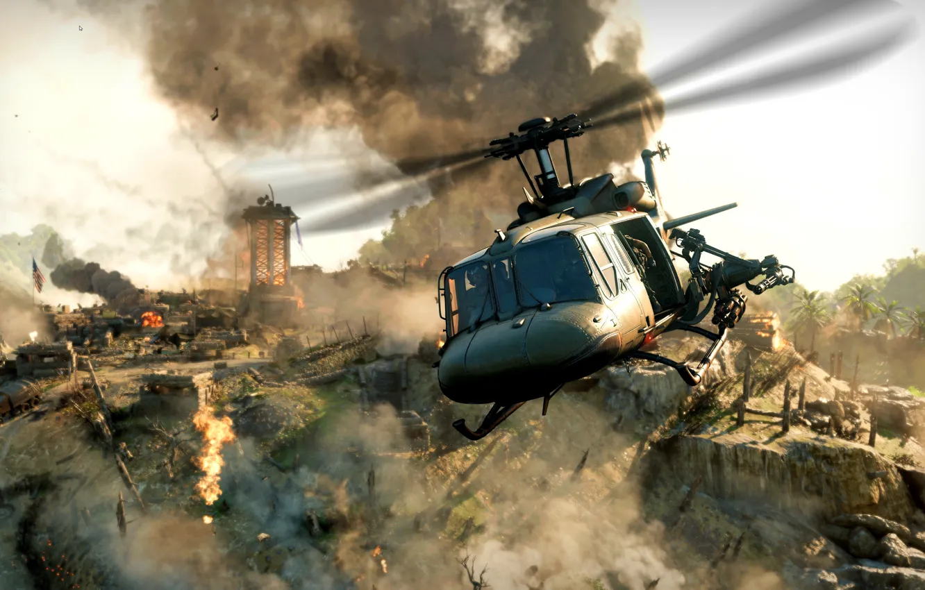 Photo wallpaper fire, smoke, helicopter, Vietnam, call of duty black ops cold war