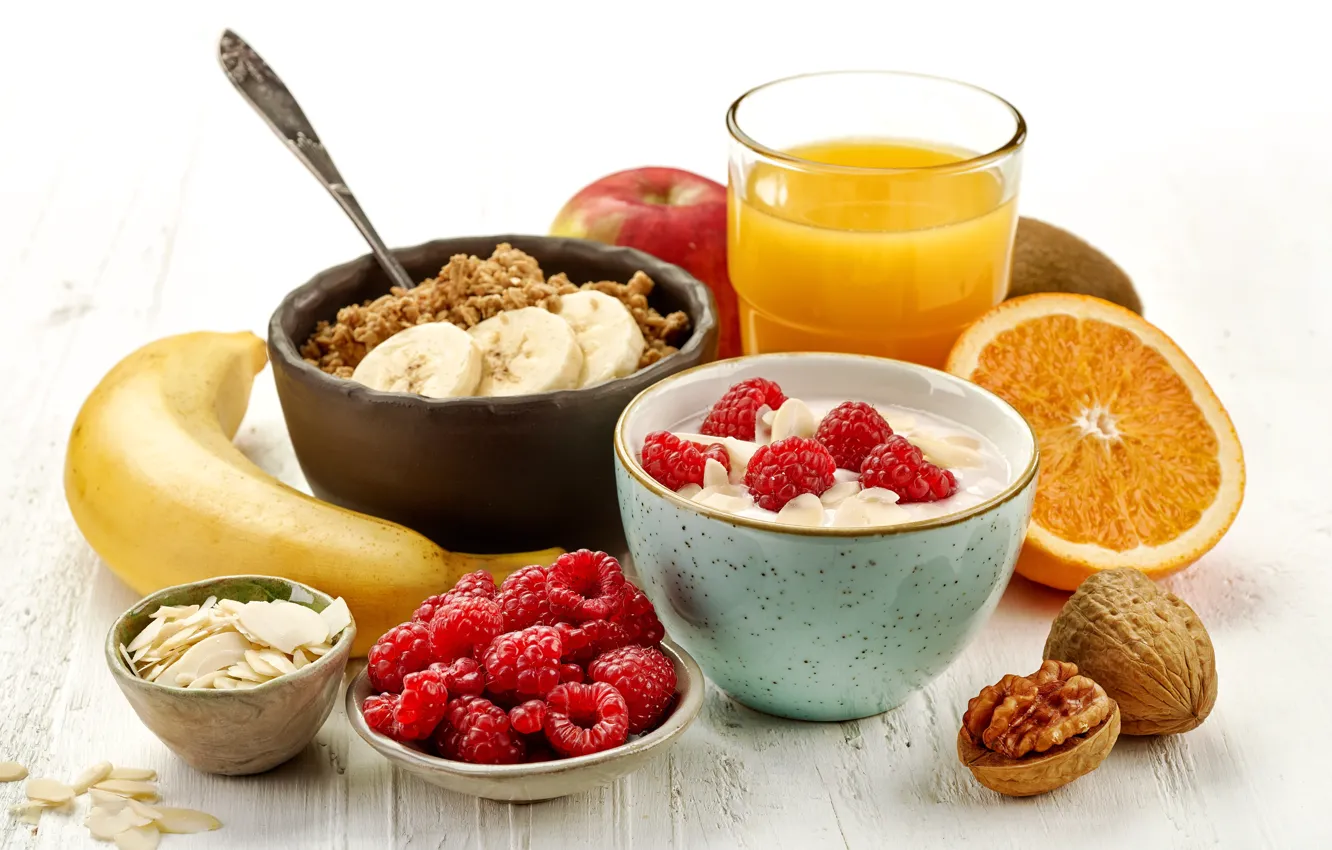 Photo wallpaper raspberry, apples, orange, juice, bananas, nuts, yogurt, cereal
