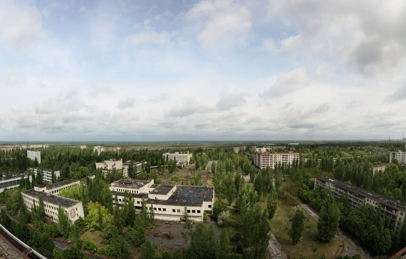 Photo wallpaper roof, the sky, trees, Pripyat, apartments, a Ghost town
