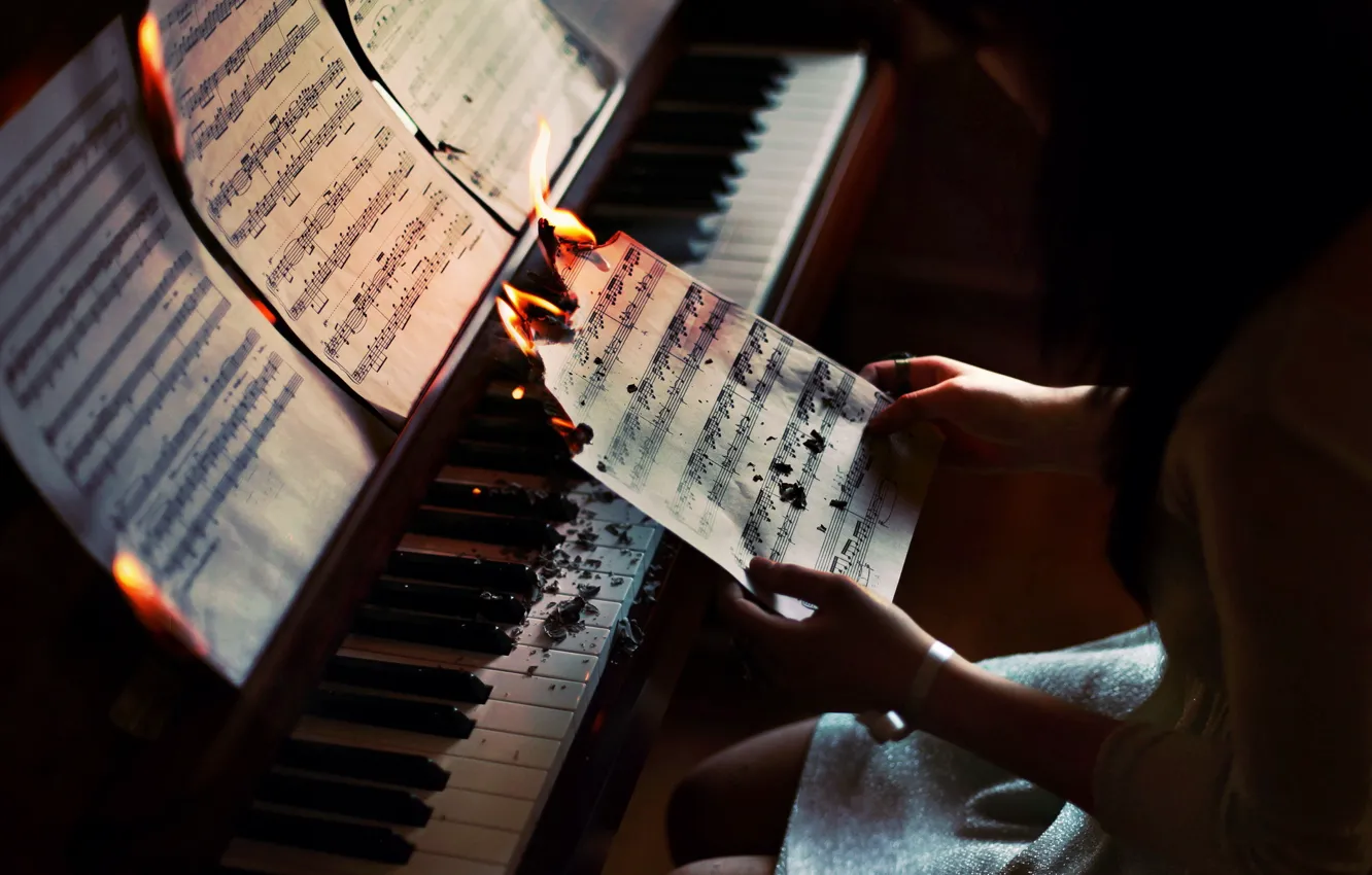 Photo wallpaper girl, notes, music, the situation, piano