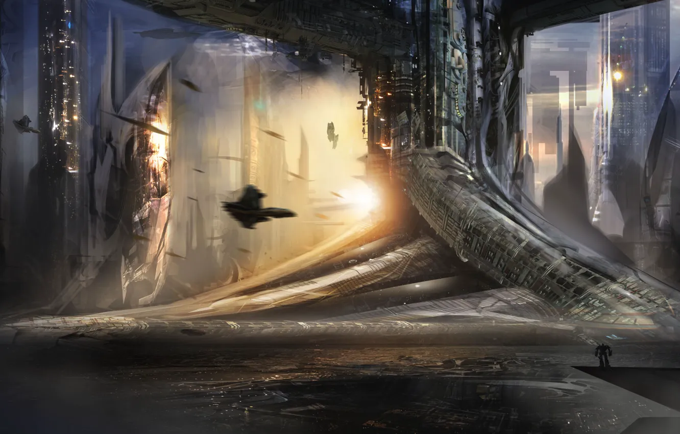 Photo wallpaper the city, future, transport, ship, tower, art