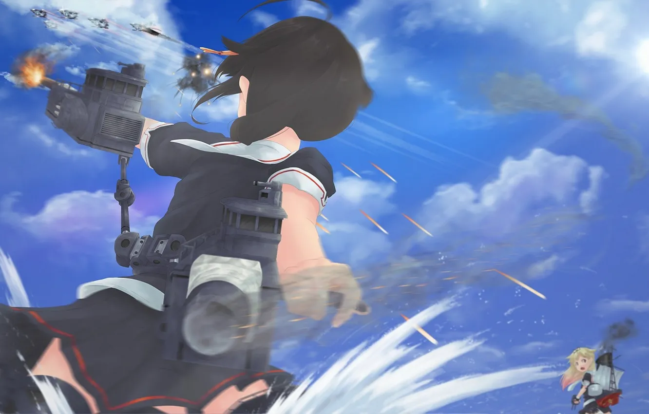Photo wallpaper the sky, girl, clouds, weapons, the ocean, anime, art, shots