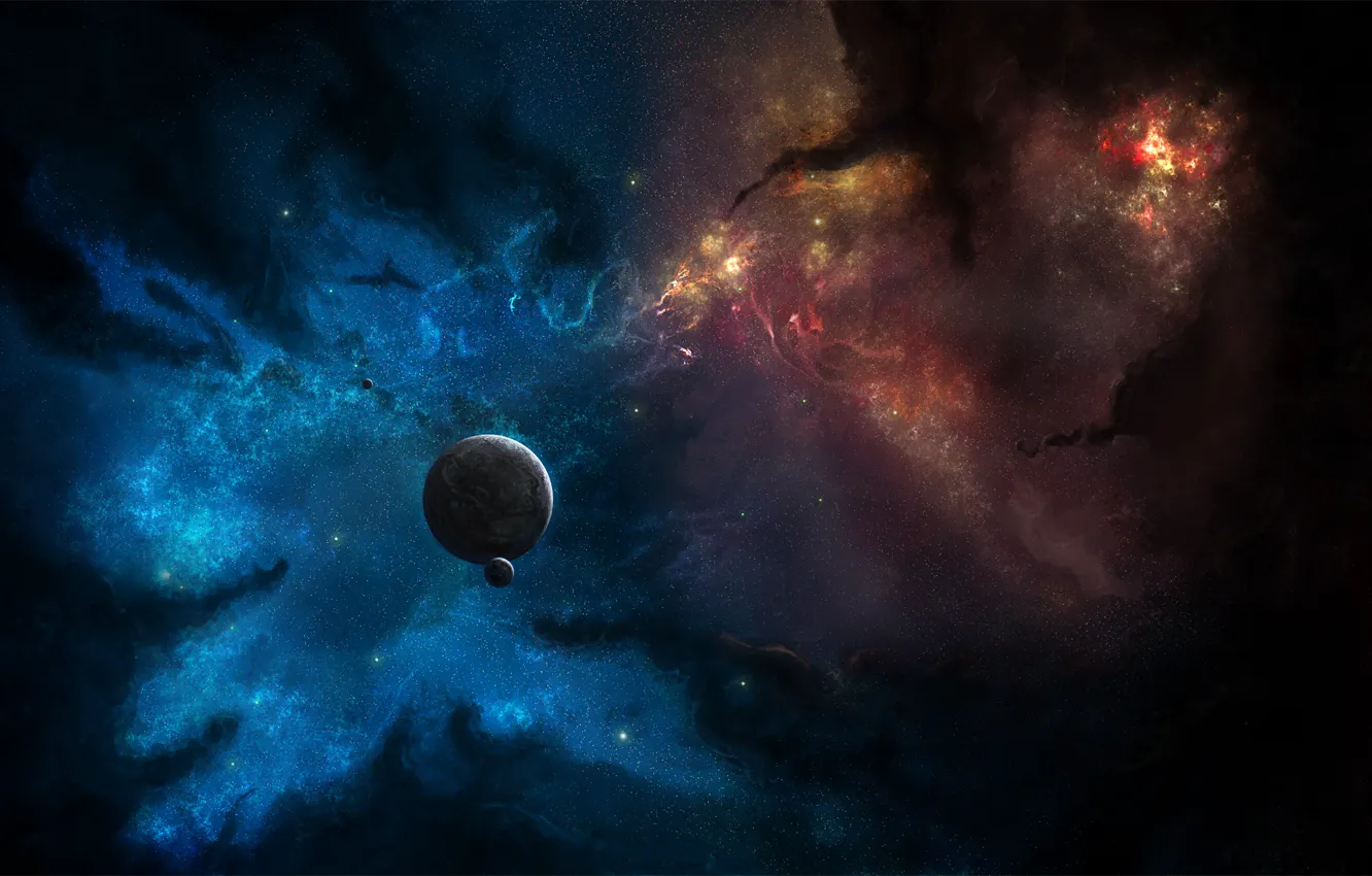 Photo wallpaper space, stars, nebula, planet, satellite, art